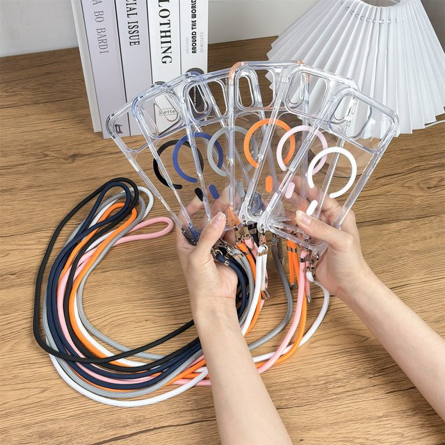 RPKKS MagSafe Handyhülle mit abnehmbarem Halskettenband Lanyard für iPhone 12 bis iPhone 17 Pro Max, transparent/orange - Bild 1