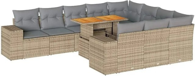 vidaXL 10-teilige Garten-Sofagarnitur aus Poly-Rattan und Akazienholz in Beige-Grau mit Kissen - Bild 1