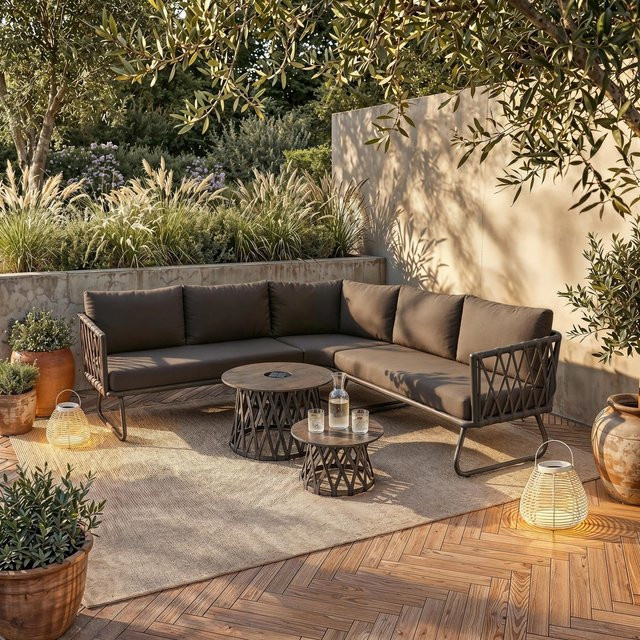 Bessagi Garden Loungegarnitur Elea in Anthrazit mit Polstern, LED-Solarbeleuchtung und Abdeckung - Bild 1