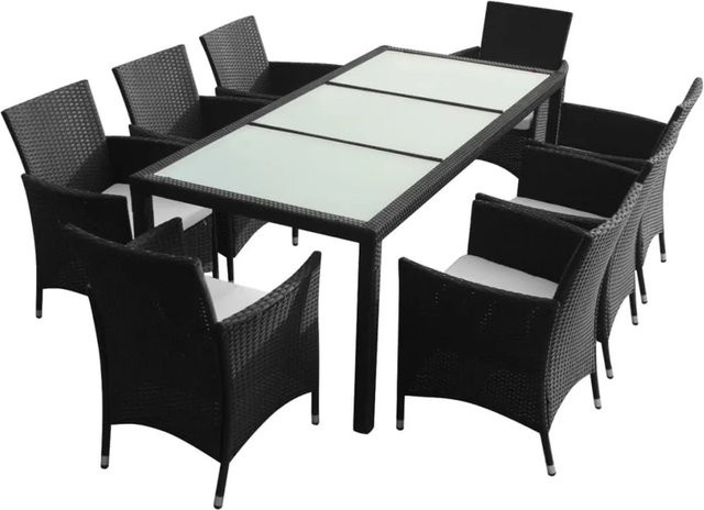 vidaXL 9-tlg Garten-Essgruppe aus Poly Rattan mit Glasplatte und Auflagen in Schwarz - Bild 1
