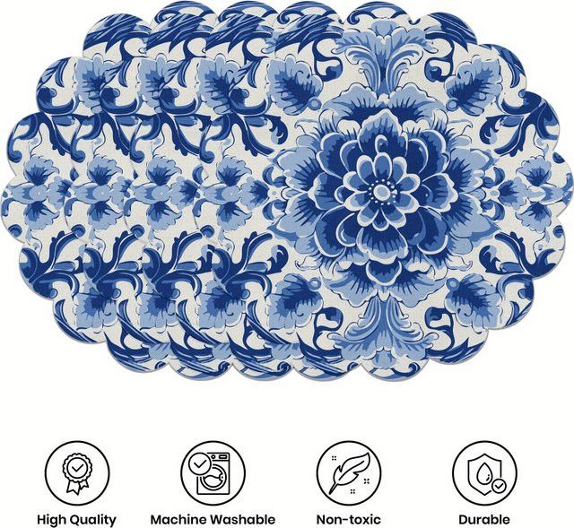 VIKAMA 4-teiliges Tischset mit blau-weißen Blumen im ländlichen Stil - Bild 1
