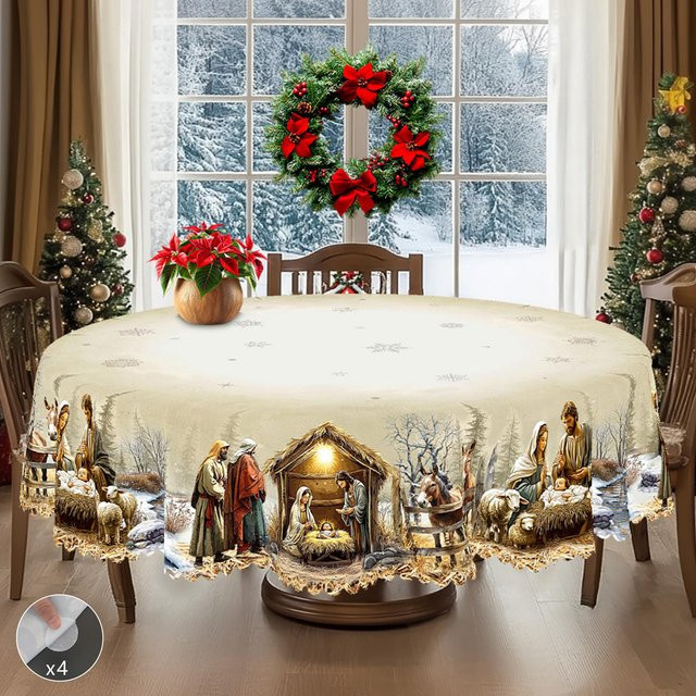 JINGYUE Pet Weihnachts-Tischdecke im Vintage-Bauernhaus-Stil mit Weihnachtsmann, Rentier und Weihnachtsbaum, Beige, B: 152 cm, T: 305 cm - Bild 1