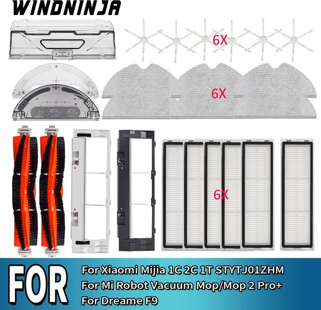 Ersatzteil-Set für Xiaomi Mijia 1C 2C 1T und Dreame F9 Roboterstaubsauger mit Hauptbürste, Staubbehälter, Filter und Wischtuch von WINDNINJA - Bild 1