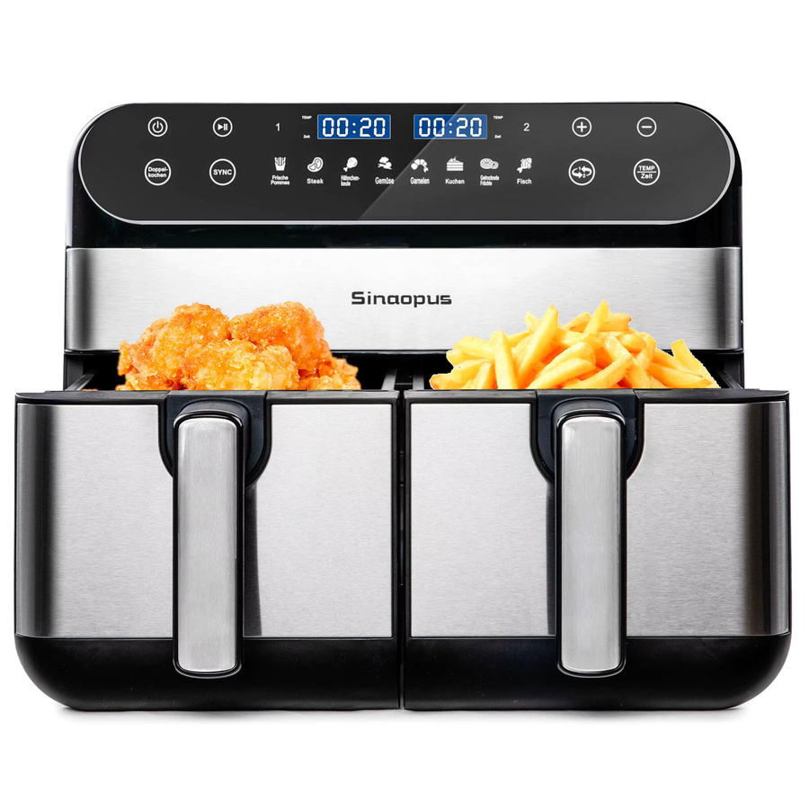 Sinaopus Doppelkorb Heißluftfritteuse mit 10 Litern Volumen, 2400 W, Dual Zone Technologie, LED-Touch-Steuerung, Schwarz - Bild 7