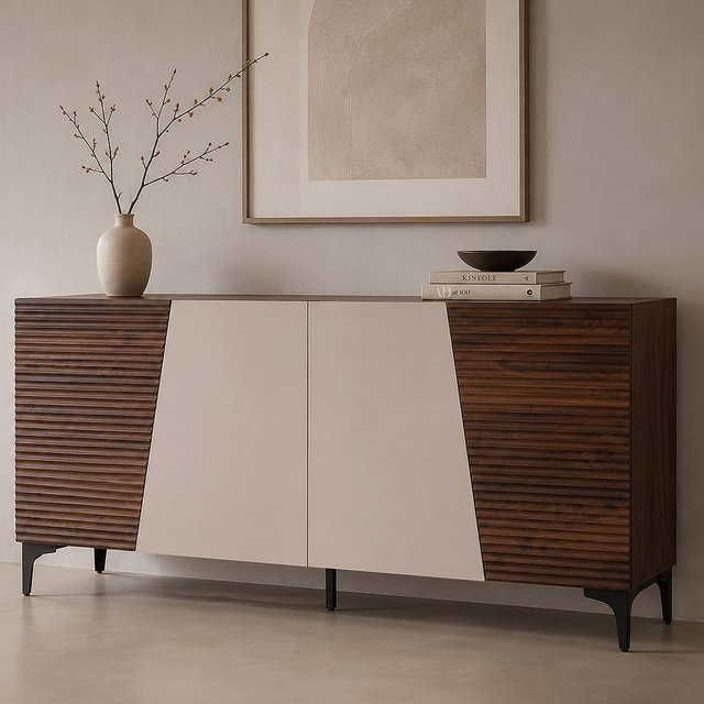 Sideboard MCW-Q83 Kommode mit 3D-Struktur und Staufächern in Walnuss-Optik, B/T/H: 160 x 42 x 80 cm - Bild 1