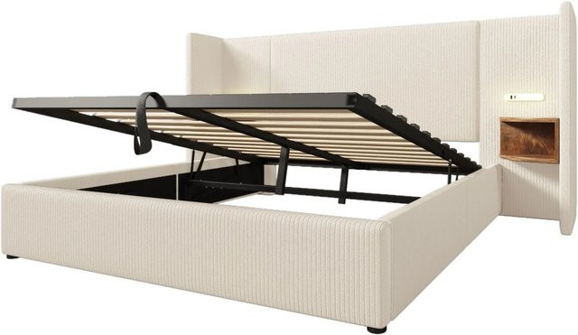 okwish Polsterbett aus Cord mit integriertem Nachttisch, Leselampe und USB Type-C Ladefunktion, B/T/H: 160 x 200 x 104 cm, Beige/Weiß - Bild 1