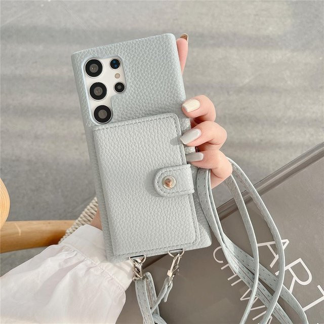 Luxuriöse Leder-Handyhülle mit Hals- und Schultergurt als Crossbody Wallet Lanyard für Samsung S23 Ultra, S22 und S21 Plus 5G in Grau - Bild 1