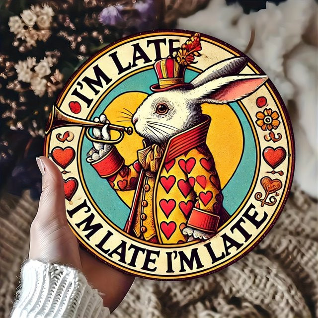 Potdemiel Vintage Kaninchen Metall-Wandkunstschild I'm Late I'm Late Rund, Mehrfarbig, Durchmesser: 20 cm - Bild 1