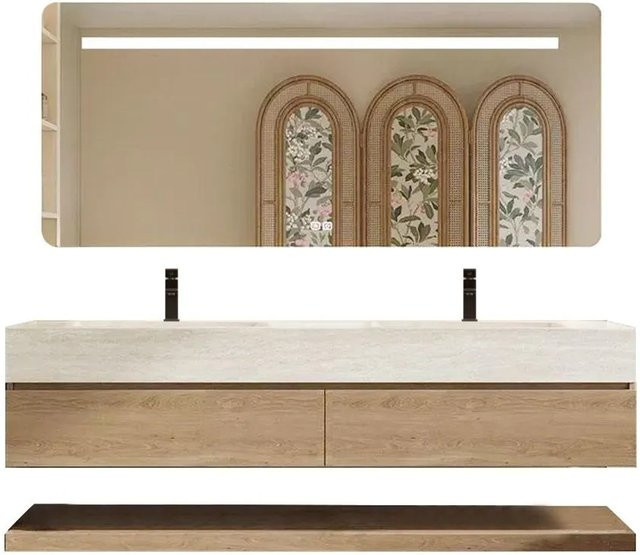 360Home Wandhängendes Doppelwaschbecken Set in Travertin Optik Beige mit Unterschrank und LED-Spiegelschrank, Breite: 140 cm - Bild 1