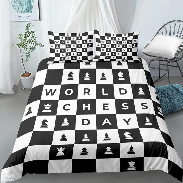 Schachbrett Bettwäsche-Set mit 3D-Druck von Your Warm Home in Schwarz-Weiß, bestehend aus Bettbezug und Kissenbezügen aus Polyester, B/H: 135 x 200 cm - Bild 1