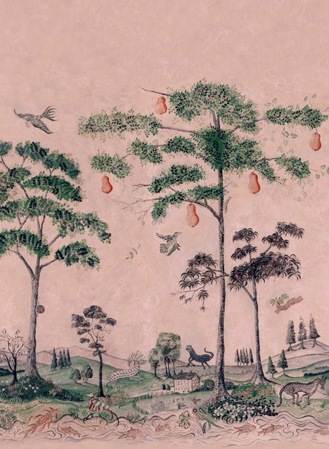 Andrew Martin Mural Mythical Land - Daybreak Wandtapete in Rose aus Vlies im Folk Art Stil - Bild 1