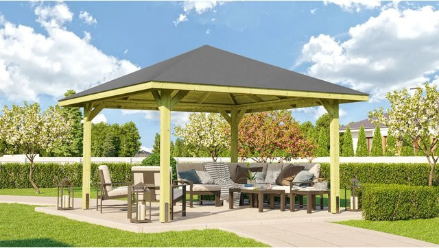 Weka Holz-Pavillon Paradies aus Nadelholz mit Satteldach und Metallhaube, Farbe: Braun, B/T: 357 x 357 cm - Bild 1