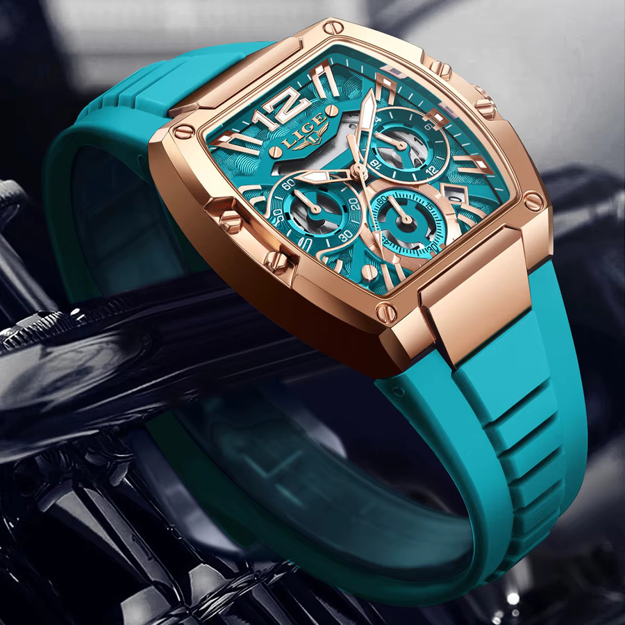 LIGE Chronograph Armbanduhr, Quarz, Tonneau, Blau, Silikonarmband, Herren - Bild 3