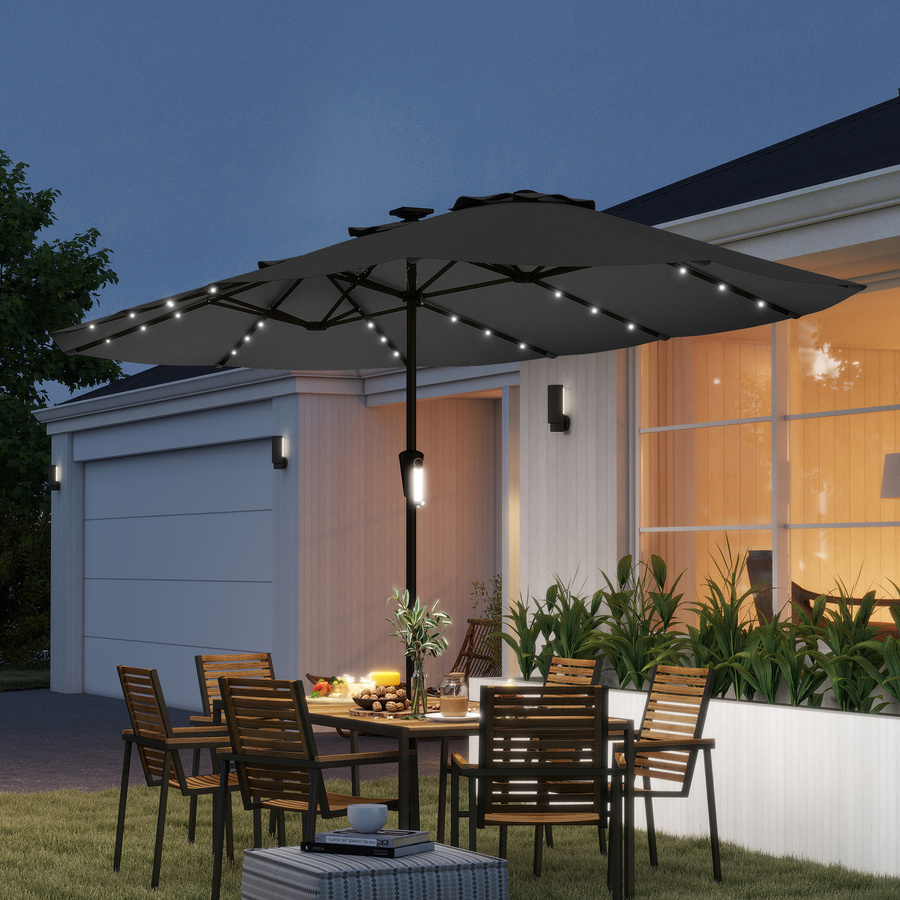 Outsunny Doppelschirm mit 36 Solar-LEDs in Dunkelgrau, B/T: 4 x 2 m, Terrassenschirm mit Kurbel und UPF50+ Schutz - Bild 2