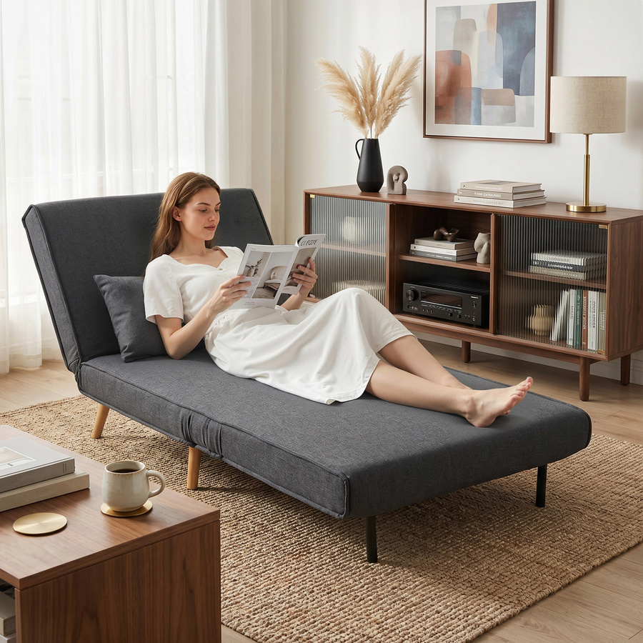 HOMCOM 3-in-1 Schlafsessel in Grau mit Leinenoptik, klappbares Schlafsofa mit 6-stufig verstellbarer Rückenlehne, Metallfüßen und Lendenkissen, Breite: 183 cm, Tiefe: 63 cm - Bild 2