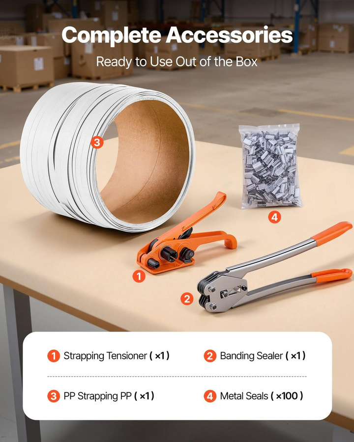 Buying Solutions MB Umreifungsband-Kit mit 100 m PP-Band in Orange, manuellem Kunststoff-Verschließwerkzeug und 100 Metall-Verschlüssen für die Palettenverpackung - Bild 3