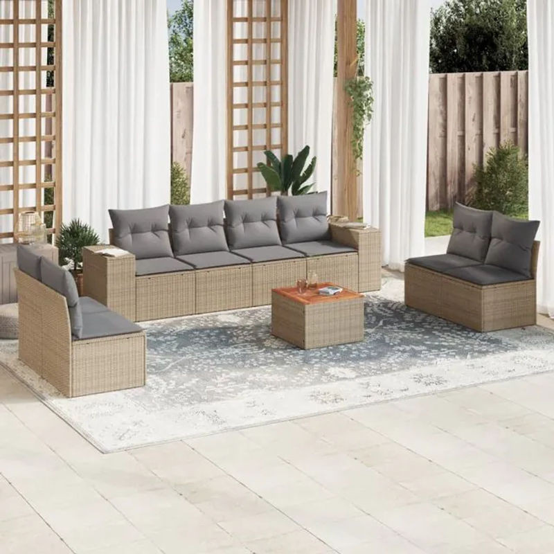 Vidaxl Gartenmöbel-Set aus Polyrattan und Akazie mit Kissen, 9-teilig, Beige - Bild 1