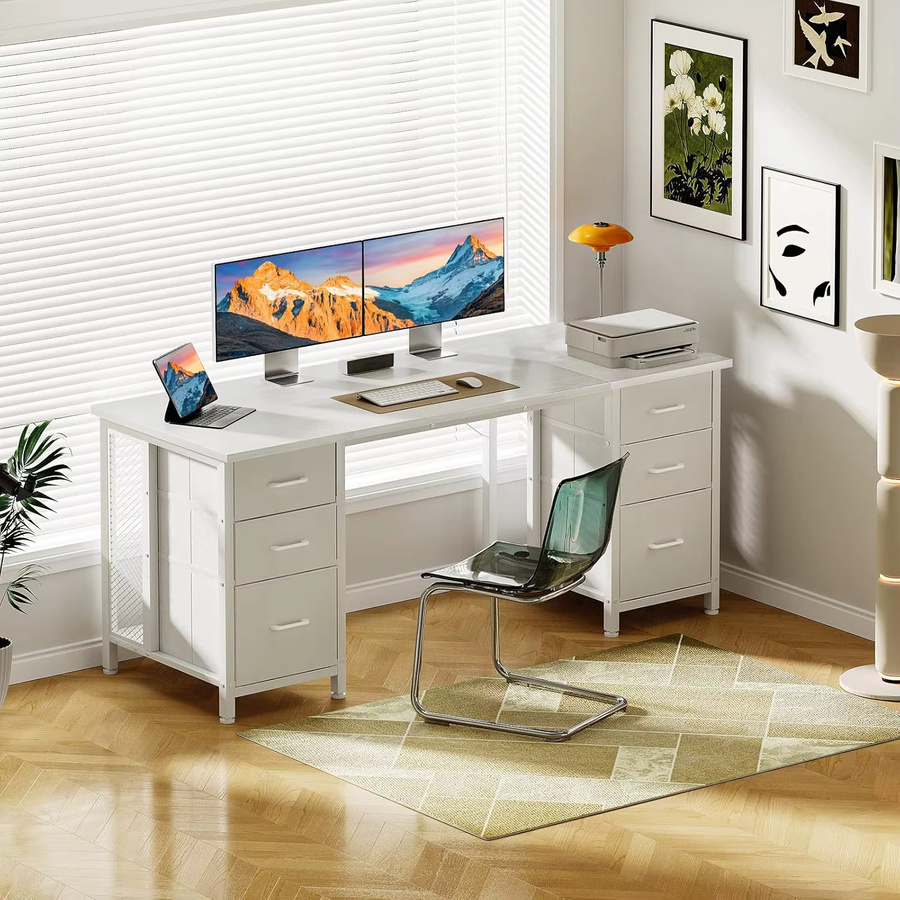Coleshome Schreibtisch mit 6 Schubladen in Weiß für dein Home Office, Breite: 160 cm, Tiefe: 52 cm - Bild 2