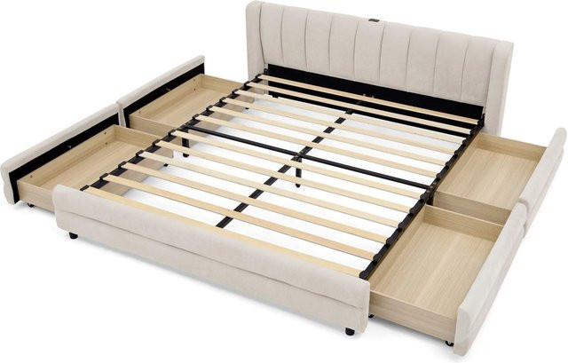 okwish Einzelbett mit USB-Anschluss und Schubladen aus Chenille in Beige, B/T/H: 140 x 200 x 75 cm (ohne Matratze) - Bild 1