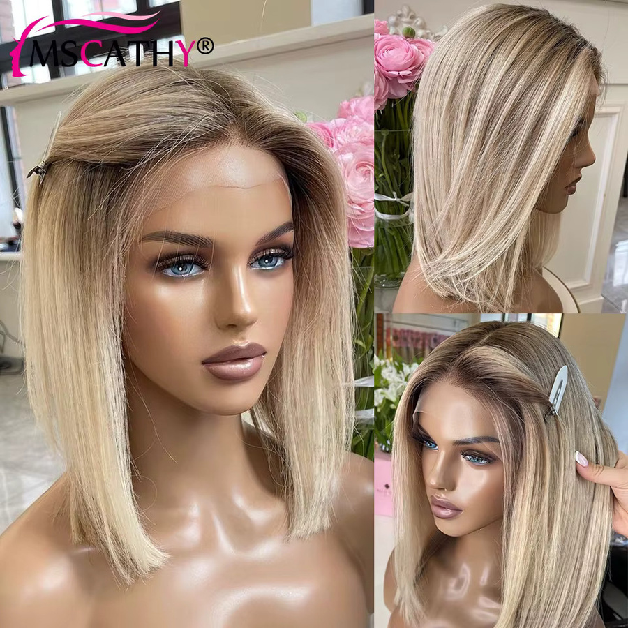 Mscathy Echthaar-Perücke, Aschblonde Ombre, kurzer Bob, HD-Spitze, Damen - Bild 3