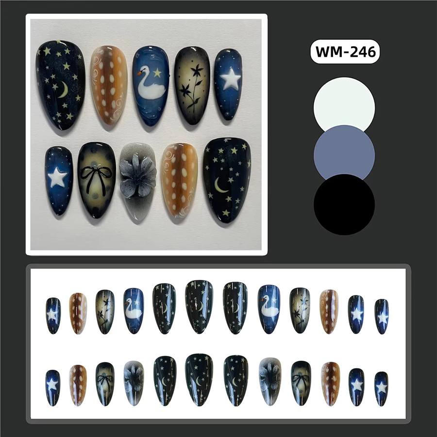 YADORNOS Kunstnägel, 24 Stück, Schwarz Mandel, Glänzend, Stern- und Mond-Stil - Bild 2