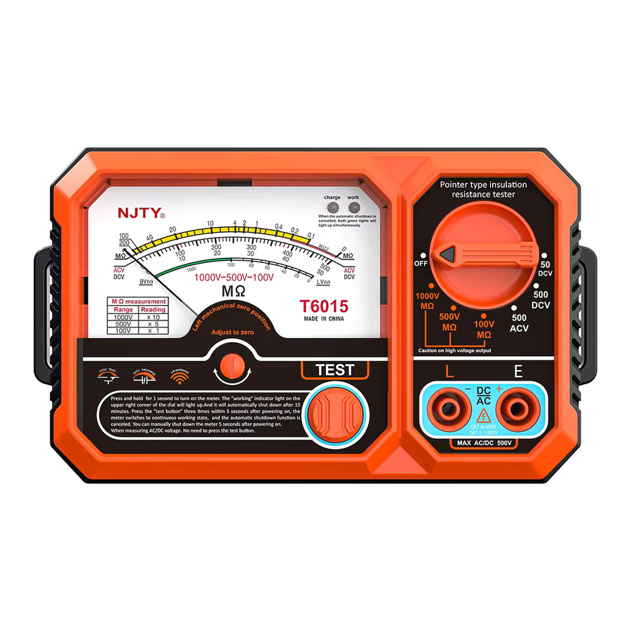 NJTY T6015 Zeiger-Isolationswiderstandsmessgerät mit AC/DC-Spannungserkennung, 2000 MΩ, USB wiederaufladbares Megohmmeter für elektrische Prüfungen in Orange - Bild 1