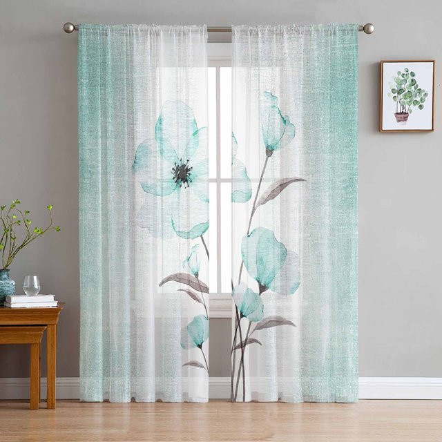 Türkisfarbene Vorhänge mit Blumenfarbverlauf aus Tüll-Voile-Organza für Wohnzimmer und Küche, Farbe: Türkis/Weiß, Breite: 135 cm, Höhe: 115 cm - Bild 1