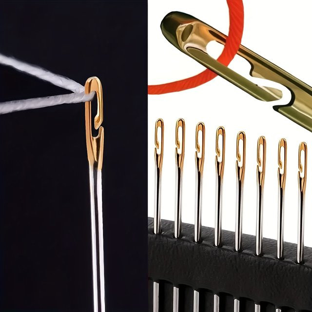 Blindnadel mit goldenem Kopf und seitlich hängendem Faden, Handnähnadel mit großem Auge für Senioren, metallisches Handnähwerkzeug in Gold - Bild 1