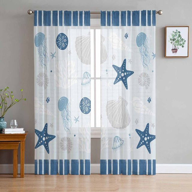 Transparente Tüll-Voile-Vorhänge mit Ozean-Motiv in Blau und gestreiftem Design, Breite: 135 cm, Höhe: 137 cm - Bild 1