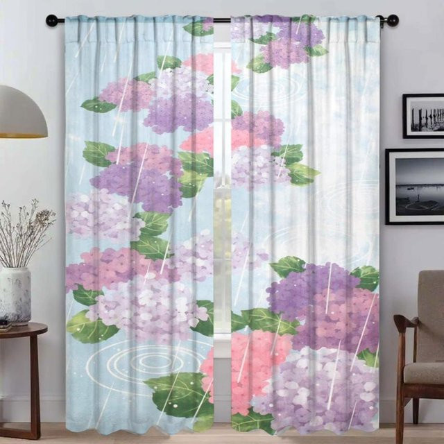 2er-Set Blumen Vorhänge aus Tüll für Wohnzimmer und Schlafzimmer, Mehrfarbig, Breite: 50 cm, Höhe: 70 cm - Bild 1