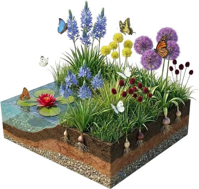 Vdvelde Aqua Bulbs Schmetterlingsfreundliche Blumenzwiebeln für den Teichrand in Gelb, Lila, Türkis und Mehrfarbig (32 Stück) - Bild 1