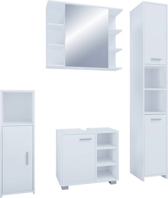 Modernes Badezimmer-Set Zalo in Weiß bestehend aus Waschtischunterschrank, Spiegelschrank und Hochschrank mit Glasdetails B/H/T: 80 x 180 x 30 cm - Bild 1