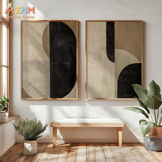 AZNM Abstrakter Leinwanddruck mit geometrischem Design in Beige und Schwarz, minimalistische Wanddekoration für Wohnzimmer und Schlafzimmer, ungerahmt - Bild 1