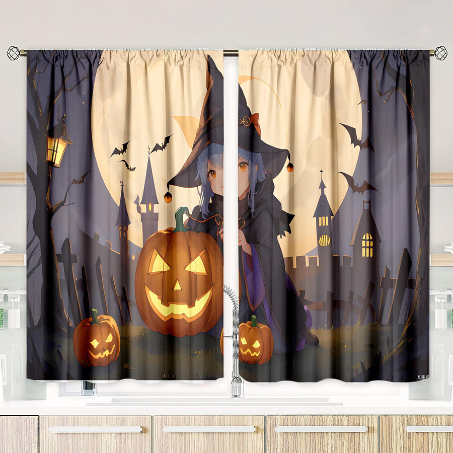 Yiran Furniture Halloween Vorhang Set aus Polyester, 2 Stück, mehrfarbig, semi-transparent, Breite: 76,2 cm, Höhe: 165,1 cm - Bild 2