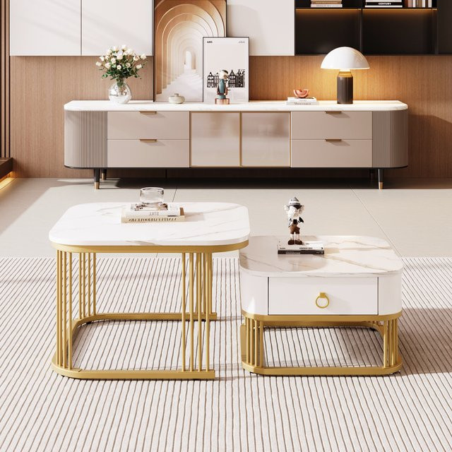 Zweiteiliges Couchtisch-Set GL Store in weißer Hochglanz-Marmoroptik mit goldenen Akzenten und Schubladen, B/T/H: 60 x 60 x 45 cm - Bild 1