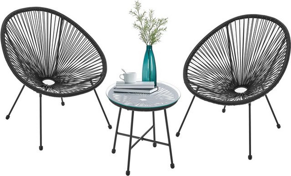 Juskys Balkonmöbel Set Ostana 3-teilig mit Tisch und 2 Sesseln in Schwarz mit Glasplatte und Seilgeflecht im Retro Design