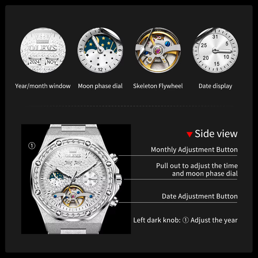 OLEVS Herrenuhr, Automatik, Edelstahl, Diamant, Mondphase - Bild 3
