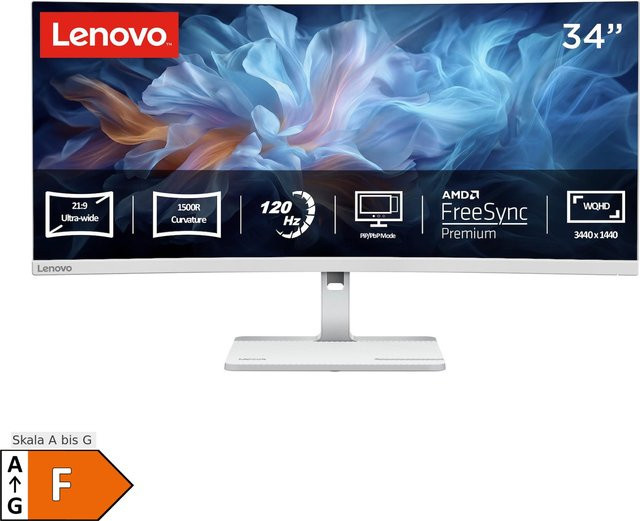 Lenovo Monitor L34W-4C, 34 Zoll Curved WQHD, Cloud Grey, 120 Hz, 1 ms, VA-Panel, HDR10, HDMI, DisplayPort - Bild 2