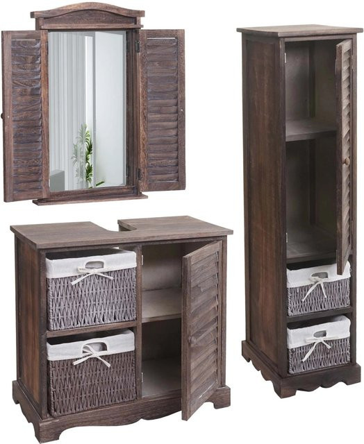 3-teiliges Badezimmerset MCW H20 in Shabby Braun mit Hochschrank, Waschbeckenunterschrank und Wandspiegel aus Palowniaholz - Bild 2