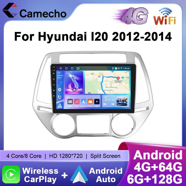 Camecho Auto Radio mit drahtlosem CarPlay und Android Auto für Hyundai I20 2012-2014, 6 Zoll Display, 128G, GPS, 4G WiFi, RDS, Schwarz - Bild 1