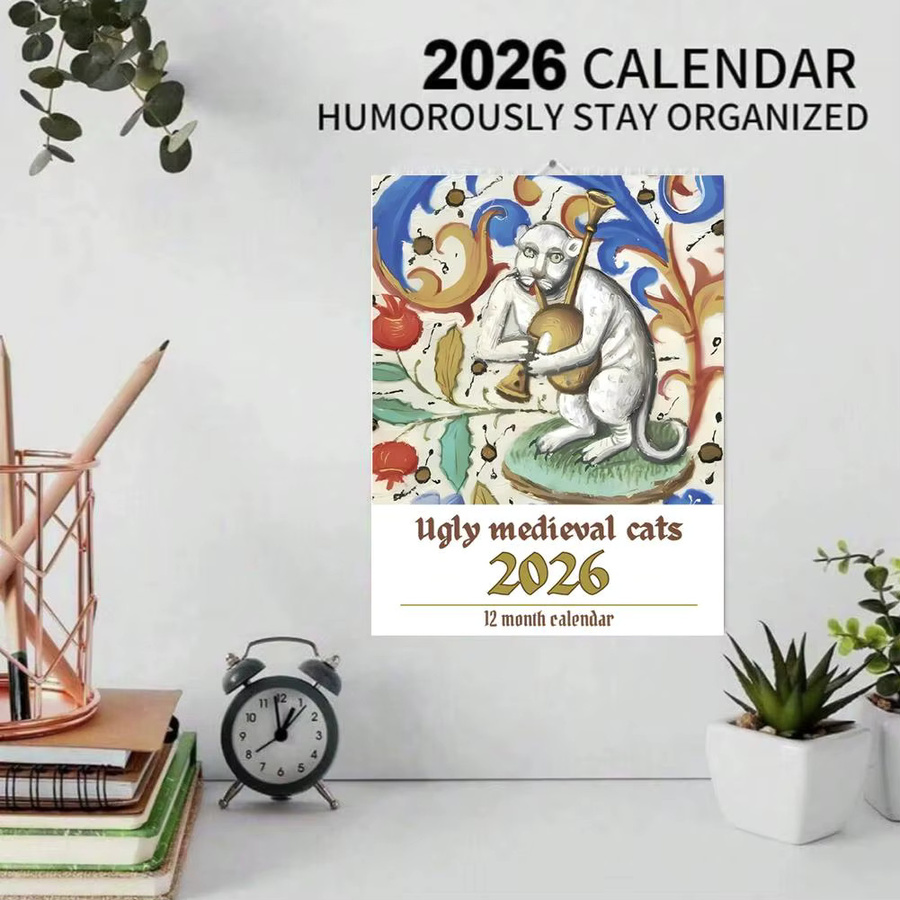 Wandkalender 2026 mit mittelalterlichen Katzen-Illustrationen in Multicolor - Bild 1