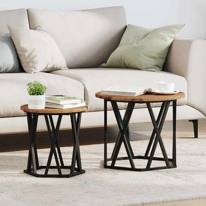 Set aus 2 runden Beistelltischen im Industrial Design von vidaXL aus Holz und Metall in Braun, B/T/H: 50 x 50 x 40 cm - Bild 1