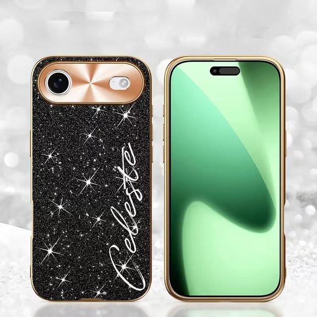 Personalisierte iPhone Schutzhülle mit Glitzer-Effekt und individuellem Namen in Schwarz für Apple iPhone 13 14 15 16 17 Pro Max - Bild 1