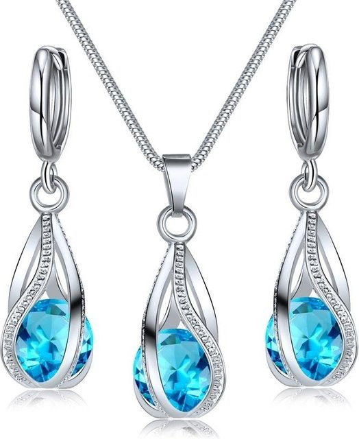 FASHION JEWELRY NB Schmuckset, Kristall-Wassertropfen-Anhänger, Halskette, Ohrringe, Blau, Damen - Bild 1