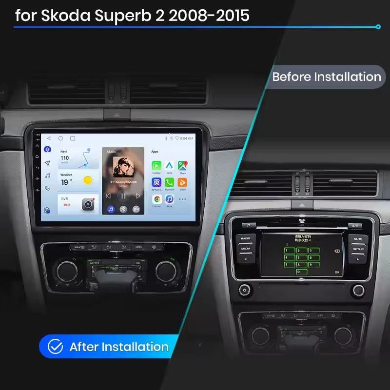 Junsun Android 15 Autoradio für Skoda Superb 2 (2008-2015) mit 10 Zoll Display, kabelloses Apple CarPlay, Bluetooth und Wi-Fi, 2-Din Multimedia-Player in Schwarz und Silber - Bild 2