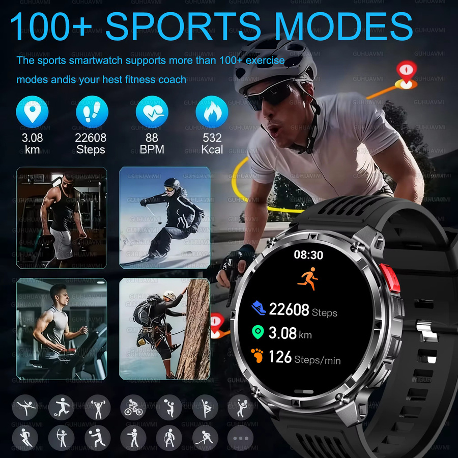 GUHUAVMI T-REX3 Smartwatch mit Bluetooth-Anruffunktion, 10ATM wasserdicht, Kompass, Höhenmesser und Taschenlampe, 1100 mAh Akku, Schwarz oder Blau - Bild 3