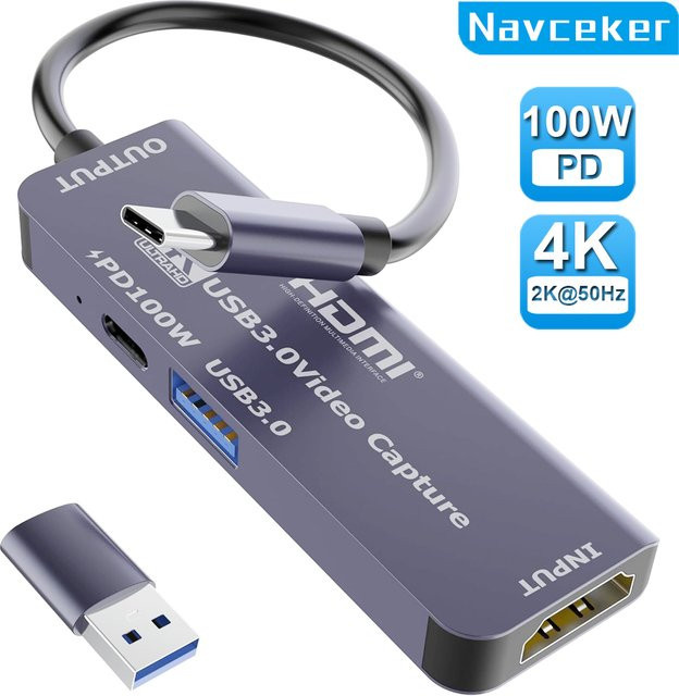 Navceker USB 3.0 Videoaufnahmekarte mit 100 W PD für Meta Quest 3 und iPad, HDMI zu USB/Typ-C Videorecorder für Gaming und Live-Streaming - Bild 1