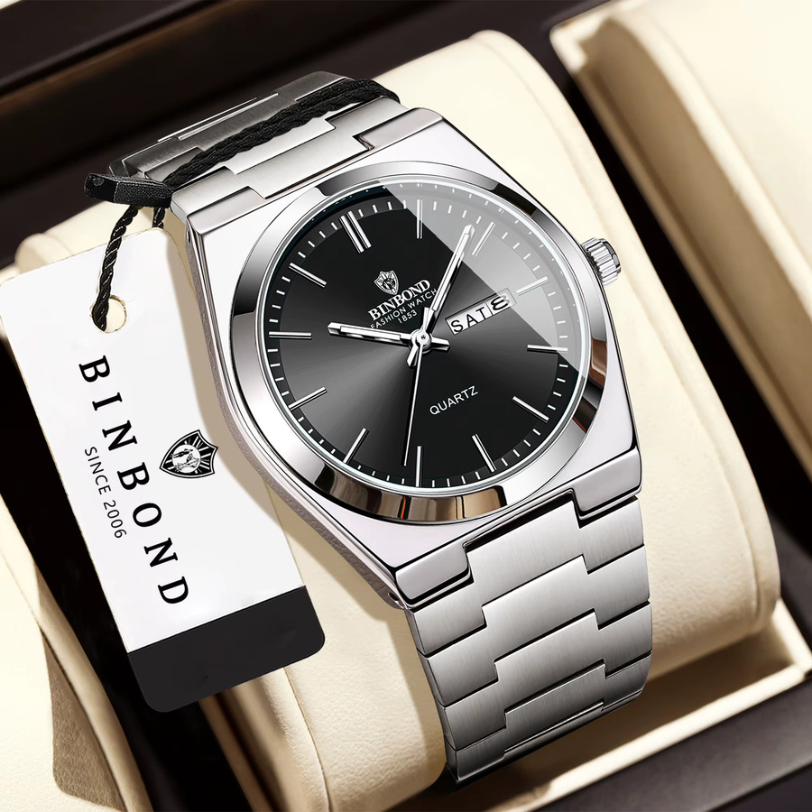 BINBOND Armbanduhr Quarz, Edelstahl, Schwarz, Silber, Herren - Bild 2