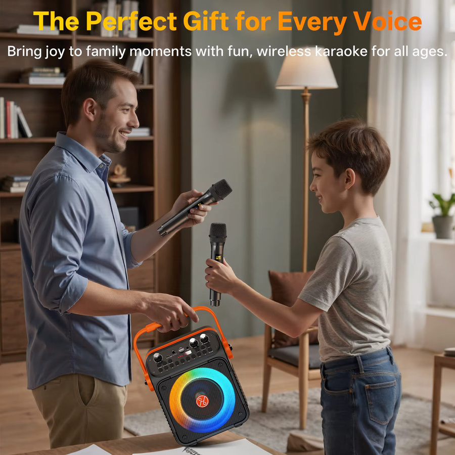 FanFun Tragbare Bluetooth Karaoke-Maschine mit 2 kabellosen Mikrofonen und LED-Lichtern in Schwarz, unterstützt USB, TF, REC, FM und AUX - Bild 5