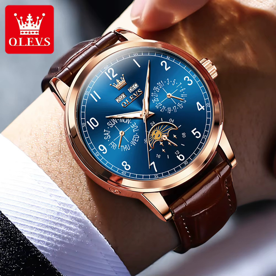OLEVS Armbanduhr, Automatik, Mondphase, Leder, Blau, Herren - Bild 3